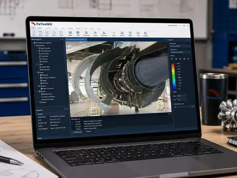 FeToolKit 2024 R1 FEA software showing ThrustReverser_Opened.fem model — stress von Mises result type, max 650 MPa, on laptop in engineering workshop