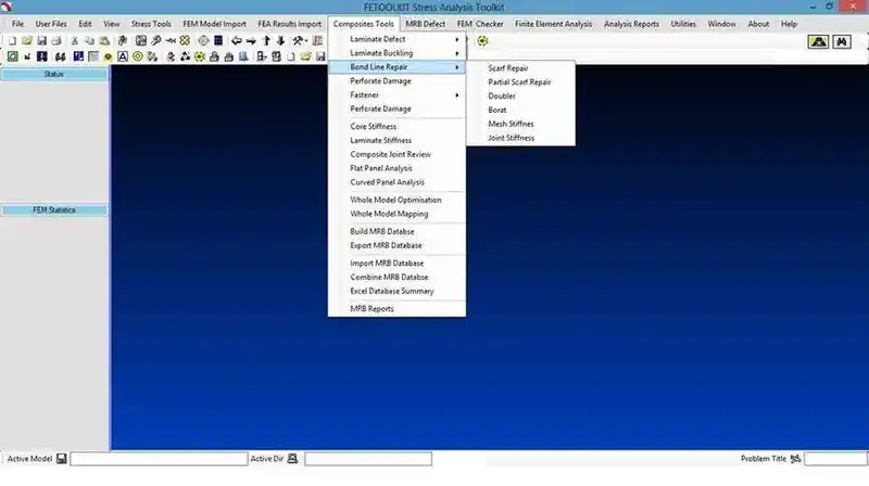 FETOOLKIT Stress Analysis Toolkit desktop application — Composites Tools menu showing Bond Line Repair, Laminate Defect, MRB tools for composite structural analysis