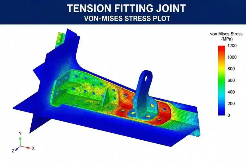 Tension Fitting Joint Von-Mises Stress Plot — 3D FEA model showing stress concentration at lug, fastener holes and fitting-to-spar interface, max 1200 MPa colour scale