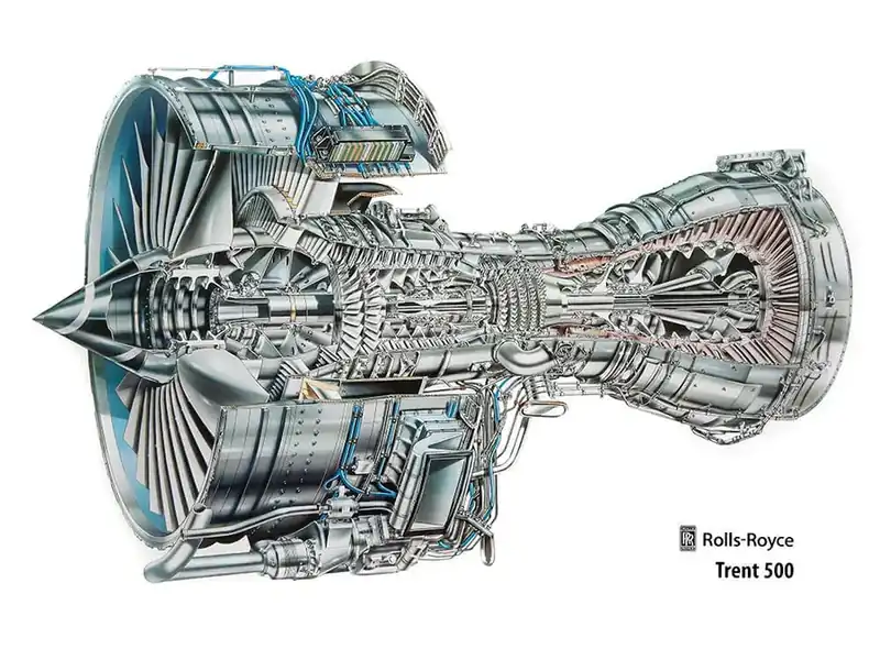 Rolls-Royce Trent 500 three-shaft turbofan cutaway illustration — fan, low/intermediate/high pressure compressor stages, combustor, HP/IP/LP turbine stages and accessory gearbox visible