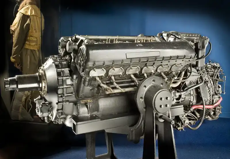 Rolls-Royce Merlin R.M. 14S.M. Mk 100 V-12 aero engine on display at the Smithsonian National Air and Space Museum — developmental prototype built by Rolls-Royce in Derby, England, in 1944. The Merlin powered the Spitfire, Hurricane, Mosquito and P-51 Mustang.