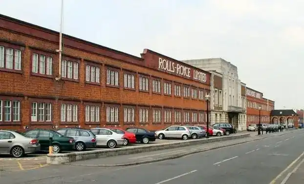 The Marble Hall (Commercial Block) at the Rolls-Royce Nightingale Road factory in Derby — original 1912 office building designed by R. Weston and Son, with art-deco alterations of 1938. The sole surviving structure of the original Rolls-Royce works where the Merlin and many later engines were designed.