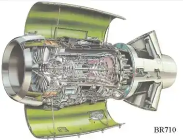 Rolls-Royce BR710 turbofan engine cutaway illustration — 48-inch single-stage fan, two-shaft architecture, ten-stage HP compressor, two-stage air-cooled HP turbine and two-stage LP turbine. The first member of the BR700 family, powerplant of the Gulfstream V/G550 and Bombardier Global Express/5000/6000.