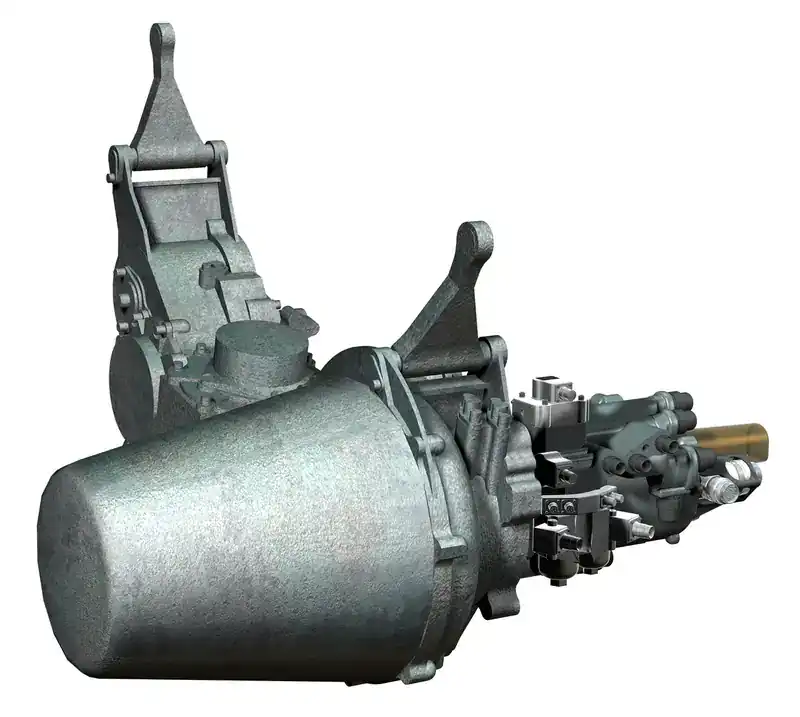 Aero-engine fuel-system gearbox assembly — cast accessory gearbox housing with attached HP gear pump, centrifugal LP fuel pump, and the main fuel metering unit visible on the right-hand drive face; CAD-rendered presentation view on white background