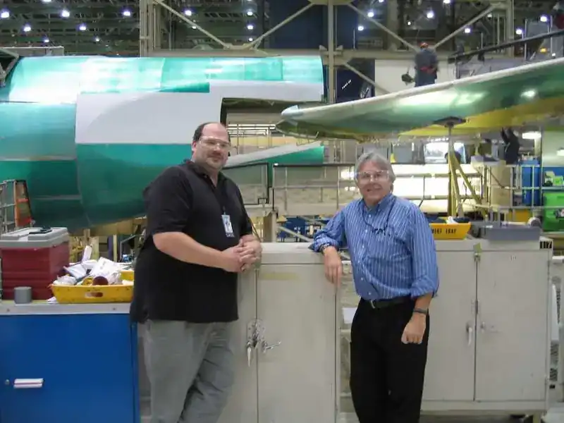 Steve Clamp on the Boeing 747 production line with William Mulkey Jnr at Everett Washington