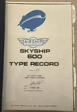 Skyship 600 Type Record signed by Dr. Steve Clamp