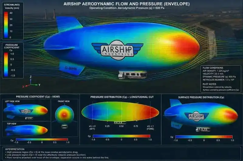 Airship Aerodynamic Flow and Pressure analysis — G-BIHN Airship Industries envelope showing streamlines coloured by velocity and surface pressure coefficient Cp at 600 Pa dynamic pressure, velocity 22.2 m/s, Reynolds number 1.5e8