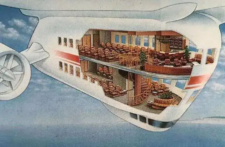 Cutaway illustration of the Skyship 600 gondola interior showing two-deck passenger cabin with spiral staircase, lounge seating and bar