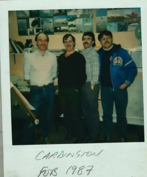 Steve Clamp with the Airship Industries design team at Cardington — February 1987. Roger Munk, Reg Hilsden, Steve Clamp and colleagues.
