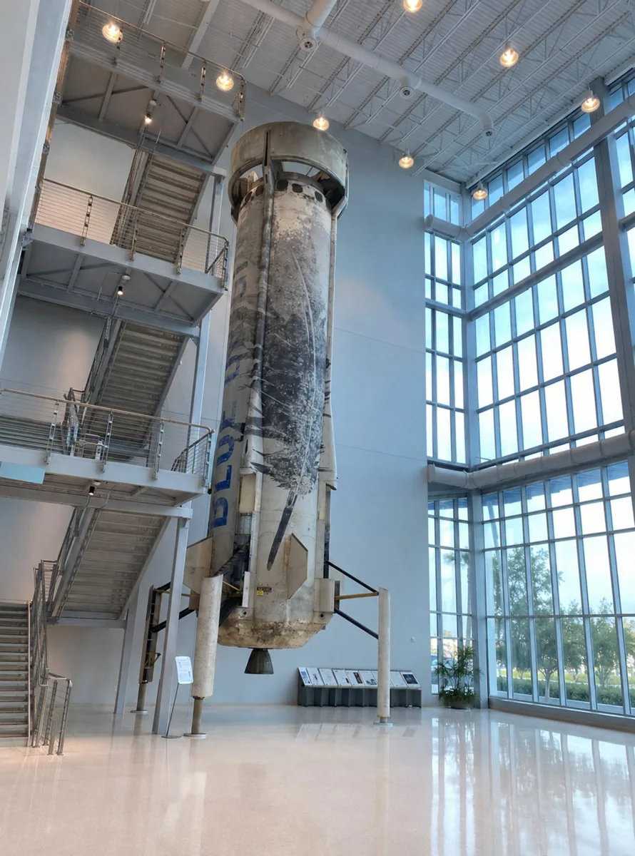 Blue Origin New Shepard rocket booster displayed vertically in a museum atrium, Cape Canaveral, Florida