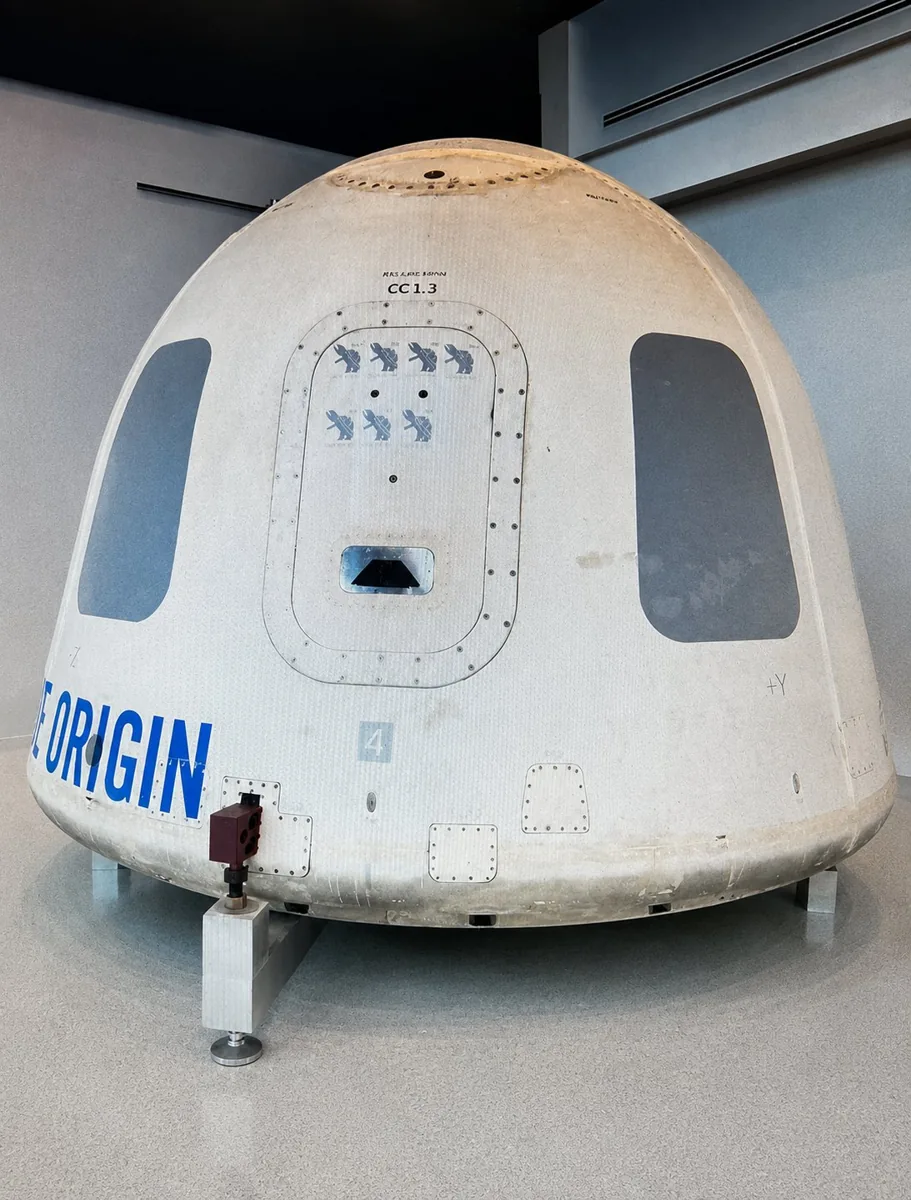 Blue Origin New Shepard crew capsule showing seven turtle mission markings, where one turtle equals one mission