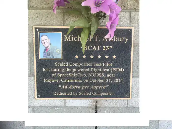 Memorial plaque for Michael T. Alsbury 'SCAT 23' — Scaled Composites Test Pilot lost during SpaceShipTwo PF04 flight test, October 31 2014. Ad Astra per Aspera.