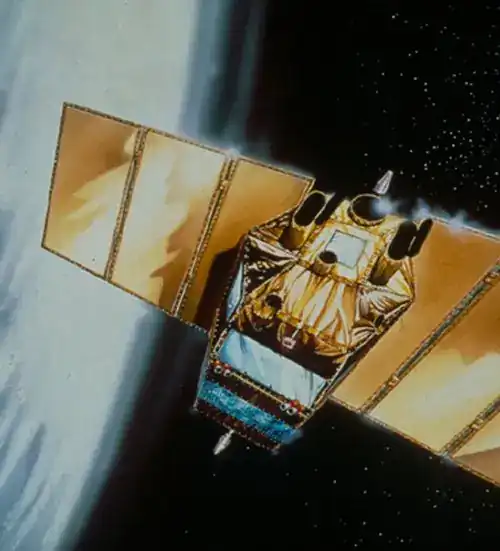 BeppoSAX X-ray astronomy satellite artist impression — Italian-Dutch spacecraft with gold-foil thermal blankets, deployed solar panels, narrow-field X-ray instruments and wide-field cameras, shown against Earth horizon and starfield