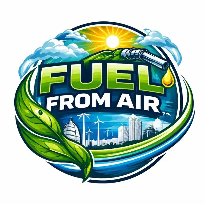 Fuel from Air branding logo — stylised illustration with FUEL FROM AIR wordmark, green leaves, sun and cloud, modern city skyline and wind turbines below, and a fuel-pump nozzle dispensing a golden droplet — symbolising synthetic liquid fuel produced from air using renewable energy