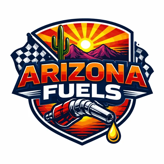 Arizona Fuels branding logo — shield-shaped emblem with desert mountain and saguaro cactus silhouette beneath a red and orange Arizona sun, checkered racing flags on either side, "ARIZONA FUELS" wordmark in red and white, and a chrome fuel-pump nozzle dispensing a golden fuel droplet at the bottom