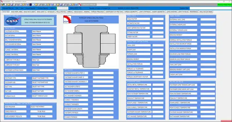 FeToolKit 2D Fastener Check — full screen showing NASA STD 5020 material selection, fastener single-load case summary, joint geometry, design factors, environmental loading and solution variables