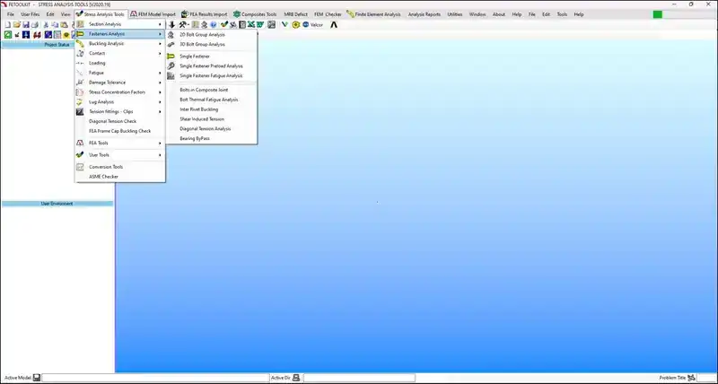 FeToolKit Stress Analysis Tools — Fasteners Analysis menu with Bolt Group, Single Fastener, Damage Tolerance and Lug Analysis options