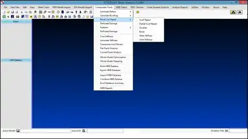 FeToolKit Stress Analysis Tools — Composites menu showing Bond Line Repair, Perforated Damage and MRB Defect tools