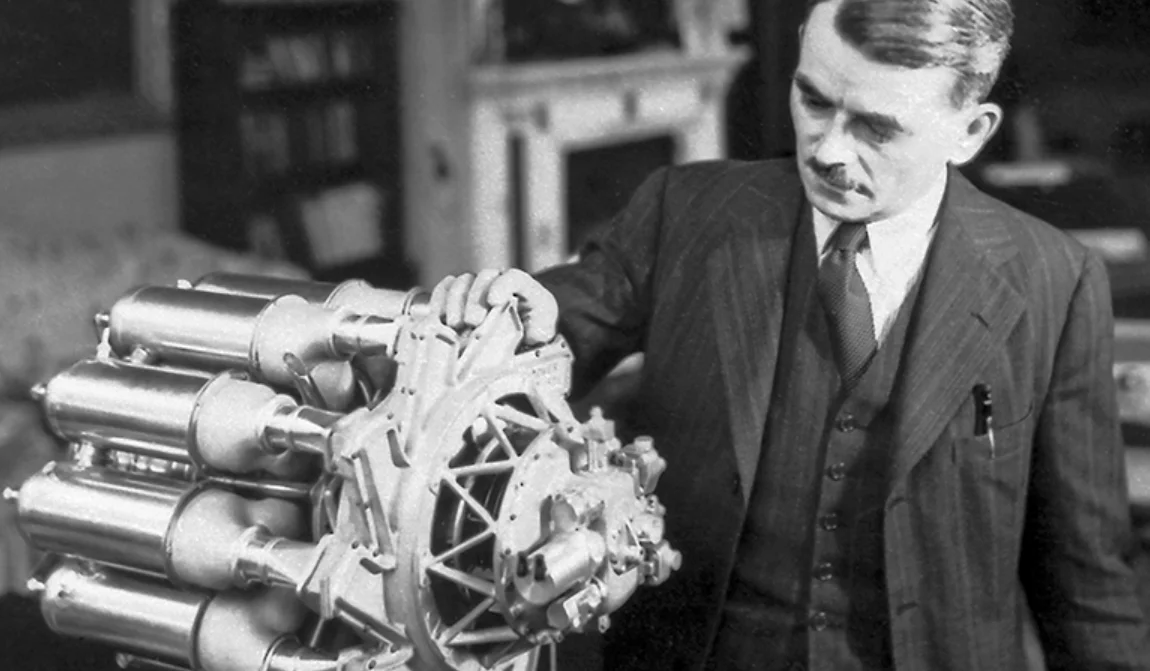 Frank Whittle examining an early Power Jets turbojet engine